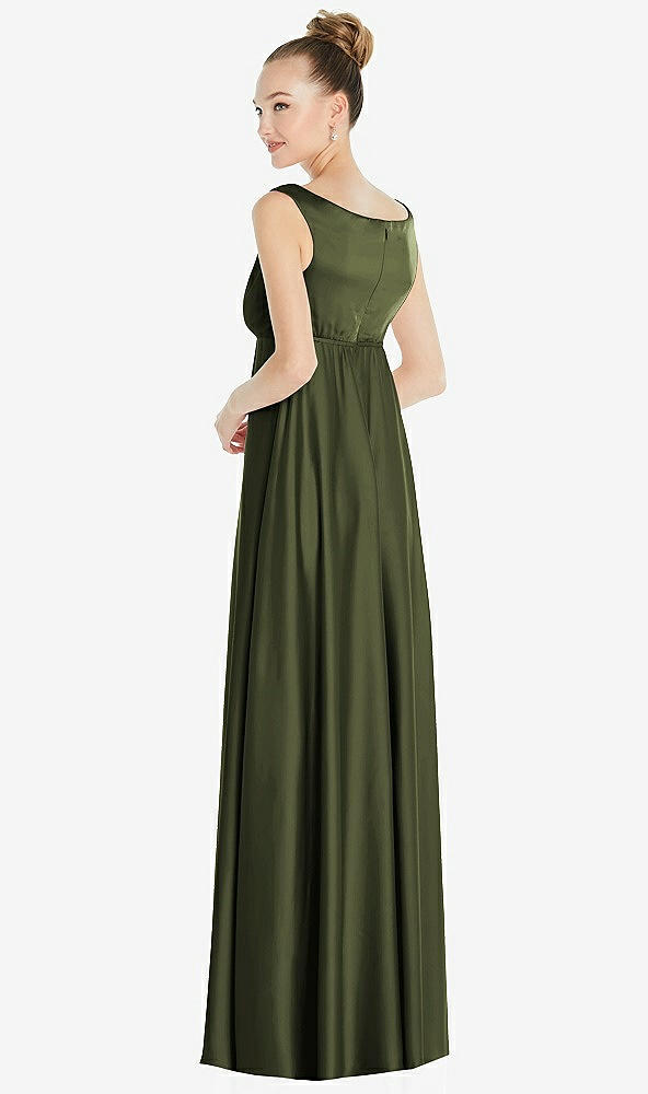 Back View - Olive Green Convertible Strap Empire Waist Satin Maxi Dress