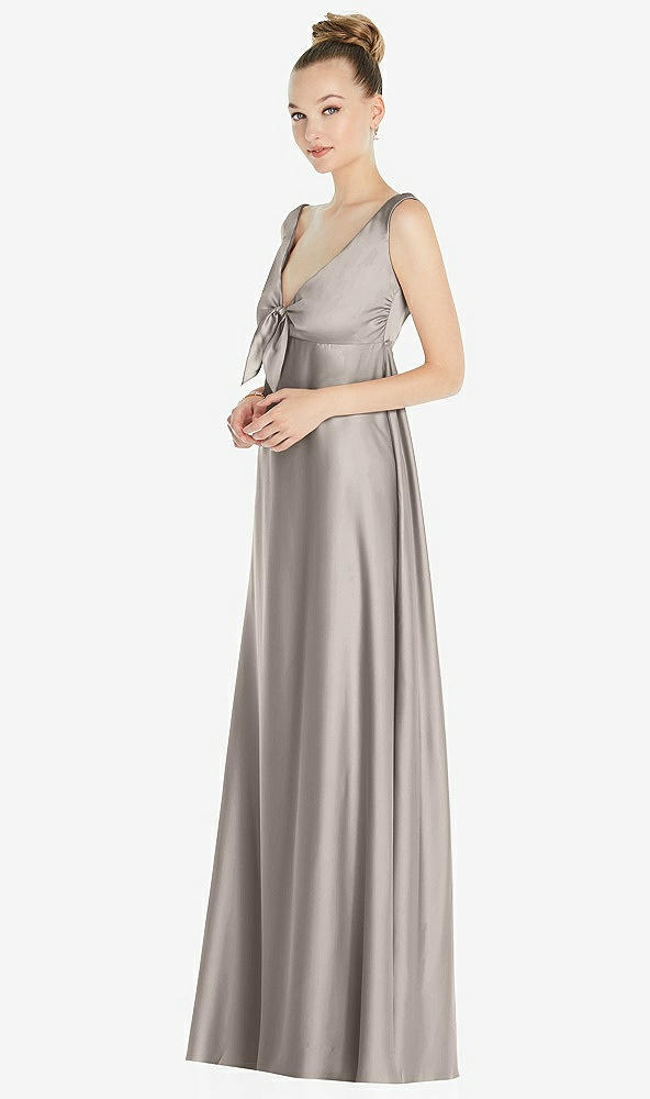Front View - Taupe Convertible Strap Empire Waist Satin Maxi Dress