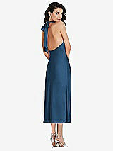 Rear View Thumbnail - Dusk Blue Scarf Tie High-Neck Halter Midi Slip Dress