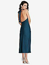 Rear View Thumbnail - Atlantic Blue Scarf Tie High-Neck Halter Midi Slip Dress
