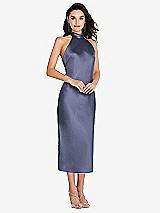 Front View Thumbnail - French Blue Scarf Tie High-Neck Halter Midi Slip Dress