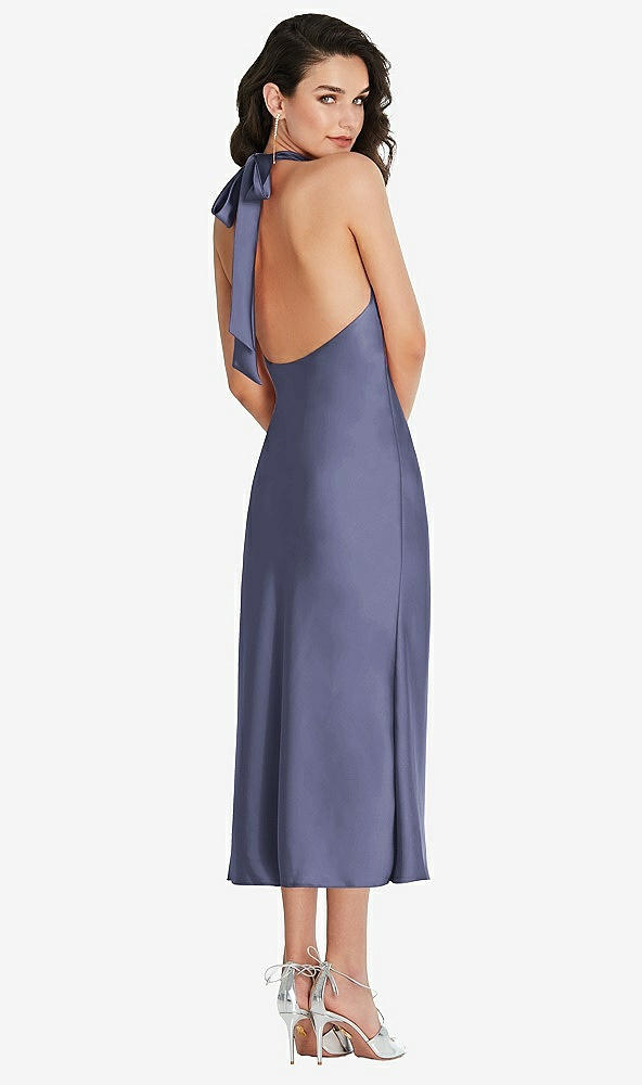 Back View - French Blue Scarf Tie High-Neck Halter Midi Slip Dress