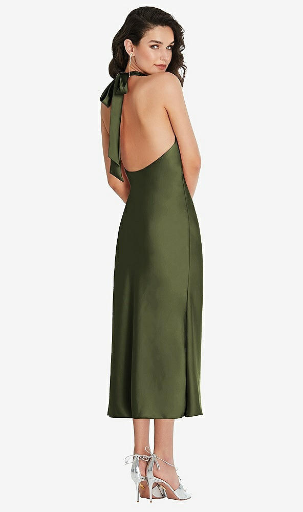 Back View - Olive Green Scarf Tie High-Neck Halter Midi Slip Dress