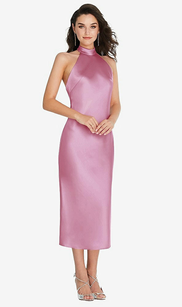 Front View - Powder Pink Scarf Tie High-Neck Halter Midi Slip Dress