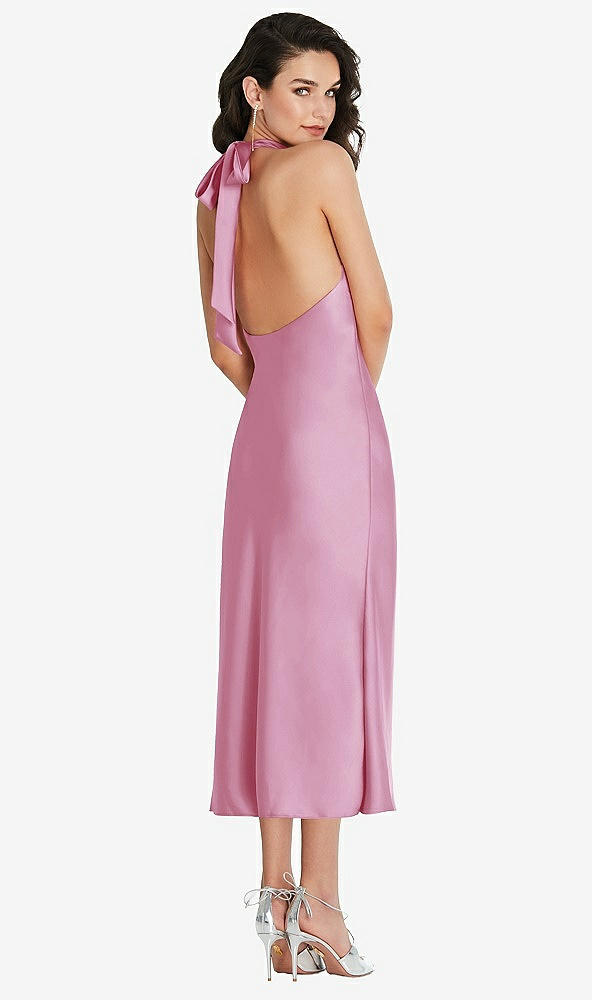 Back View - Powder Pink Scarf Tie High-Neck Halter Midi Slip Dress