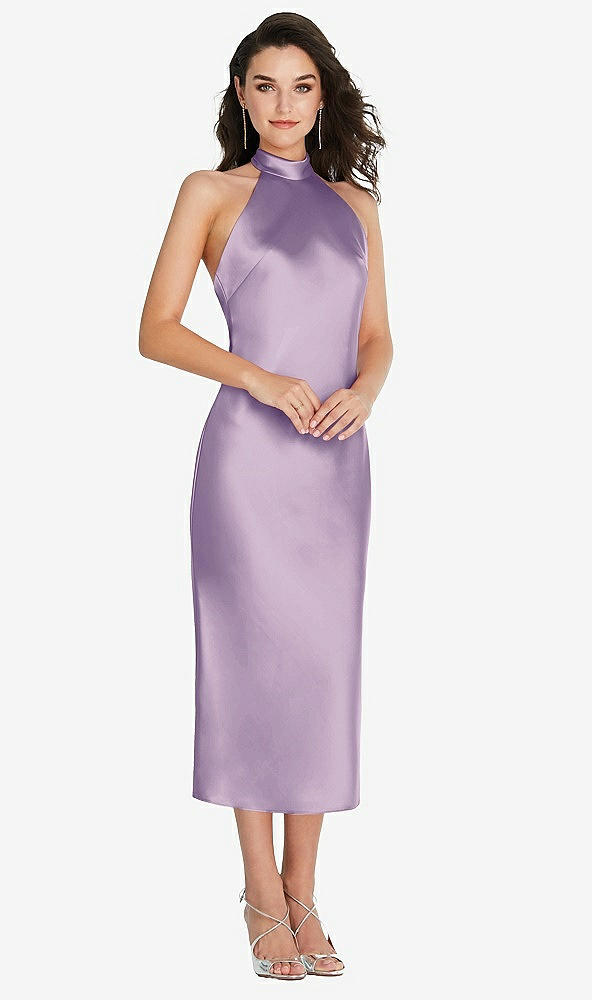 Front View - Pale Purple Scarf Tie High-Neck Halter Midi Slip Dress