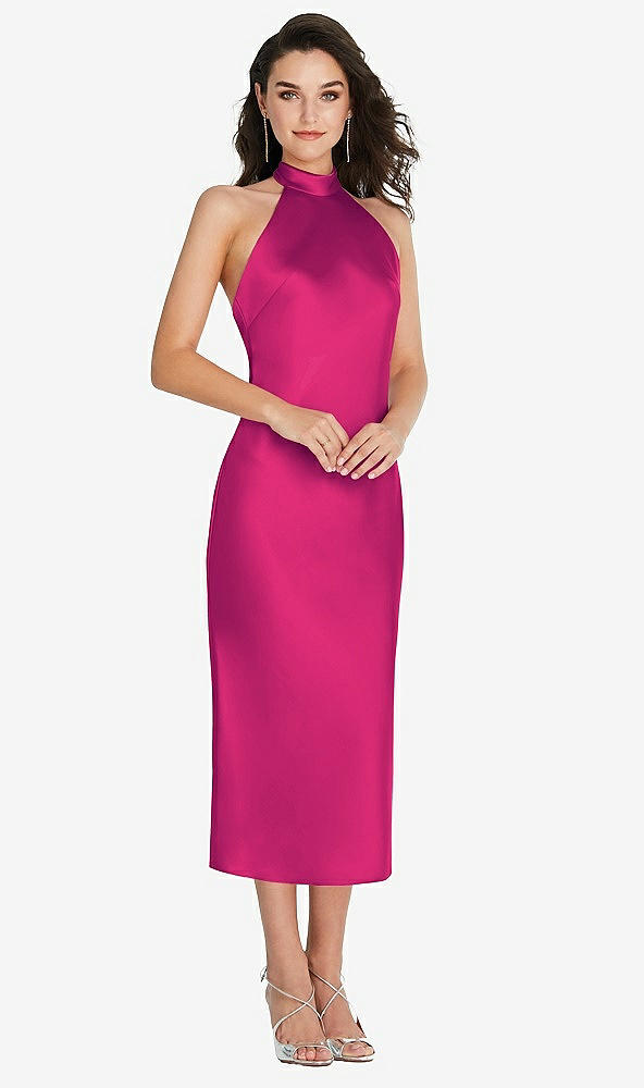 Front View - Think Pink Scarf Tie High-Neck Halter Midi Slip Dress