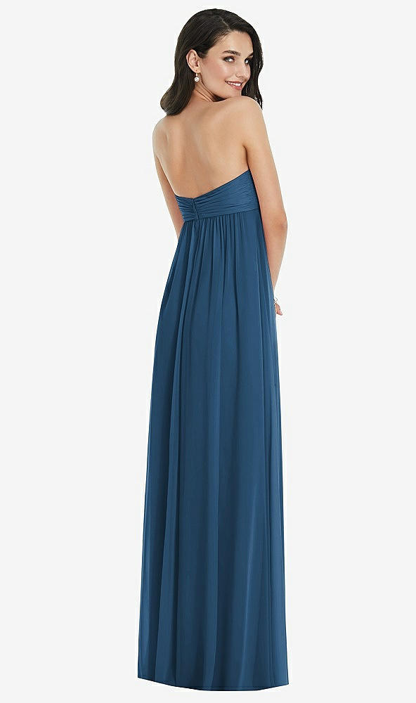 Back View - Dusk Blue Twist Shirred Strapless Empire Waist Gown with Optional Straps
