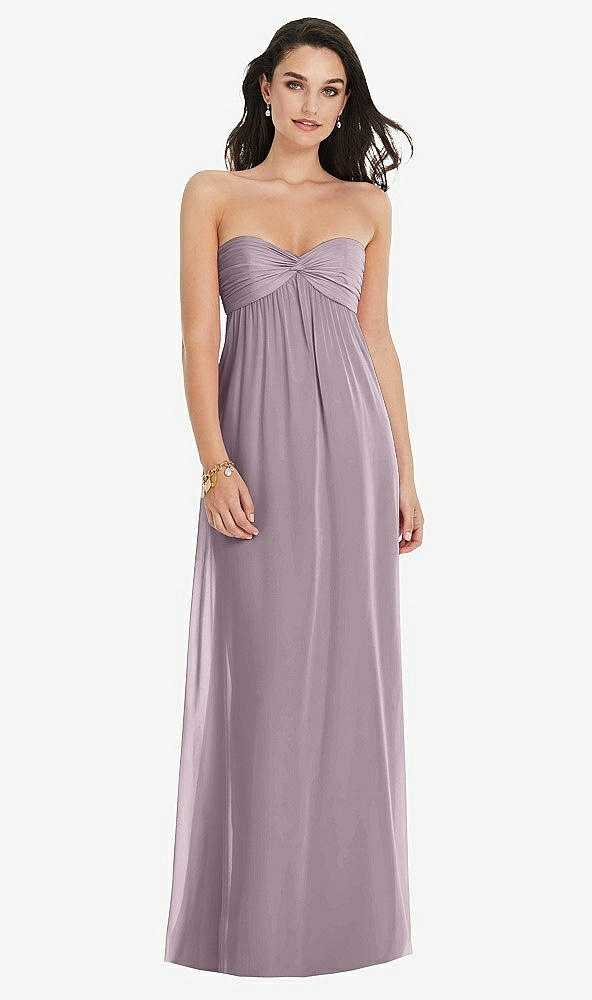 Front View - Lilac Dusk Twist Shirred Strapless Empire Waist Gown with Optional Straps
