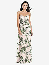 Front View Thumbnail - Palm Beach Print Twist Shirred Strapless Empire Waist Gown with Optional Straps