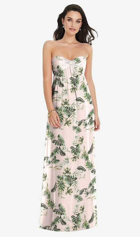 Front View - Palm Beach Print Twist Shirred Strapless Empire Waist Gown with Optional Straps