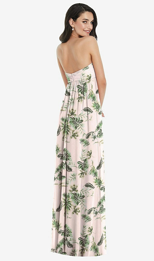 Back View - Palm Beach Print Twist Shirred Strapless Empire Waist Gown with Optional Straps