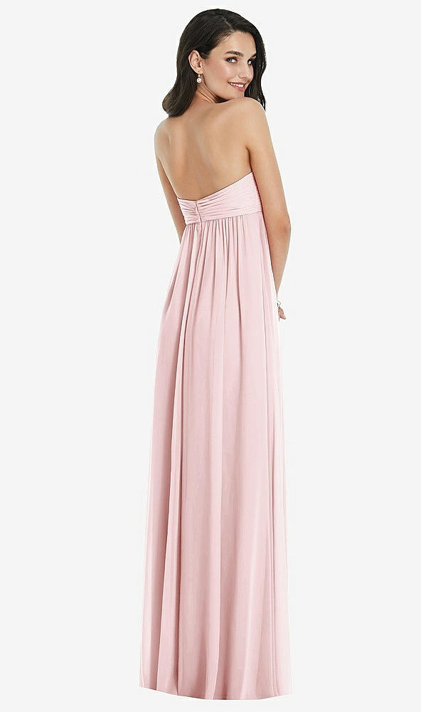 Back View - Ballet Pink Twist Shirred Strapless Empire Waist Gown with Optional Straps