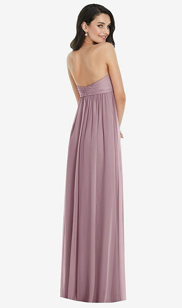 Back View - Dusty Rose Twist Shirred Strapless Empire Waist Gown with Optional Straps