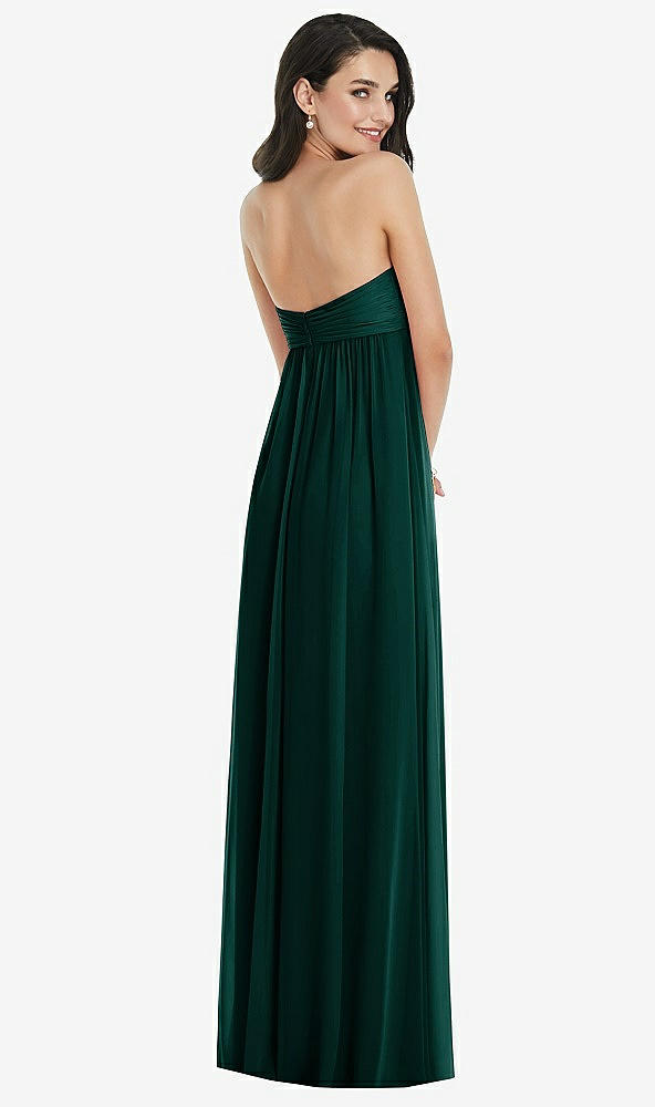 Back View - Evergreen Twist Shirred Strapless Empire Waist Gown with Optional Straps