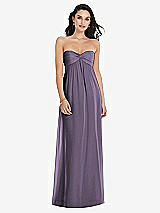 Front View Thumbnail - Lavender Twist Shirred Strapless Empire Waist Gown with Optional Straps