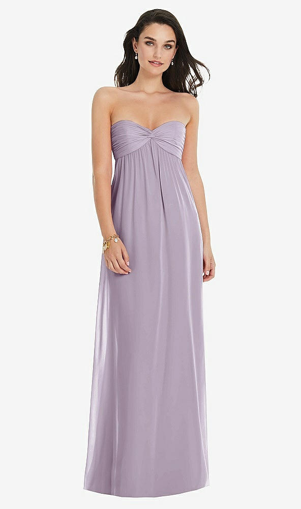 Front View - Lilac Haze Twist Shirred Strapless Empire Waist Gown with Optional Straps