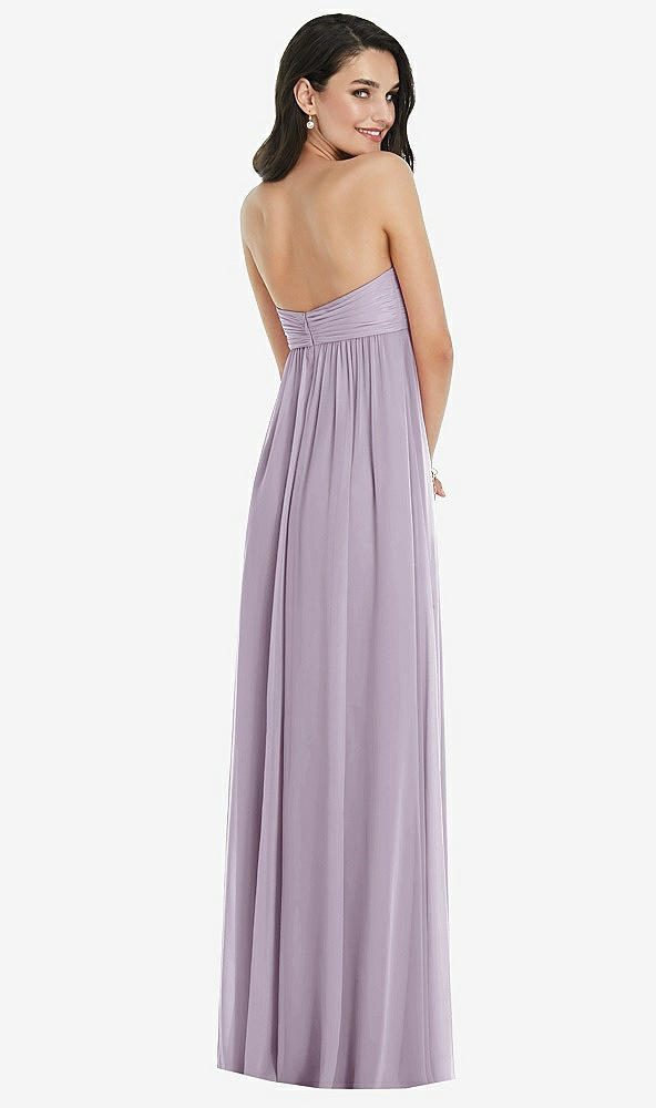 Back View - Lilac Haze Twist Shirred Strapless Empire Waist Gown with Optional Straps