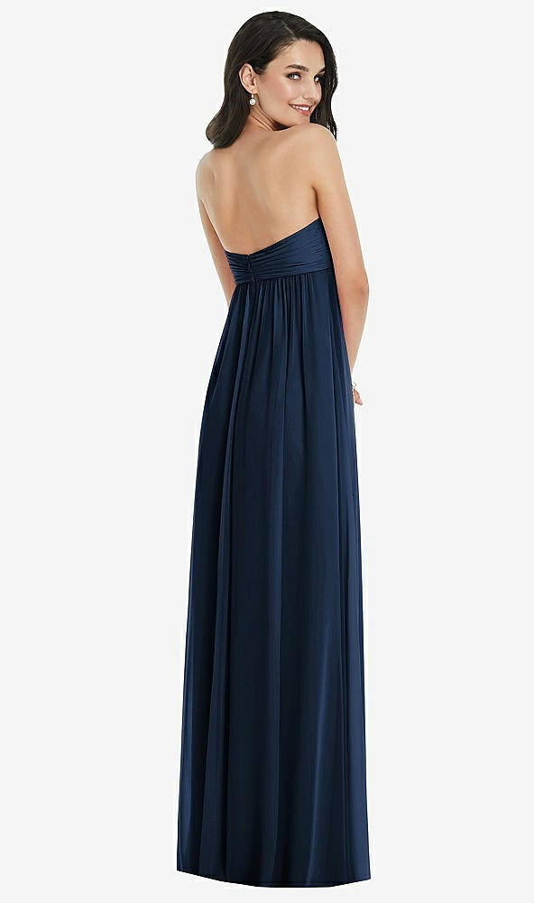 Back View - Midnight Navy Twist Shirred Strapless Empire Waist Gown with Optional Straps
