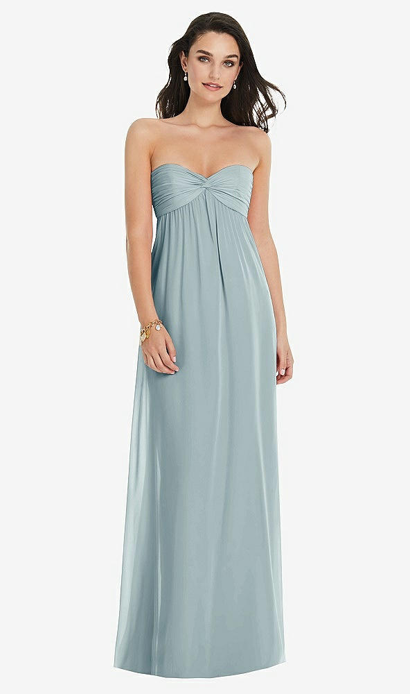 Front View - Morning Sky Twist Shirred Strapless Empire Waist Gown with Optional Straps