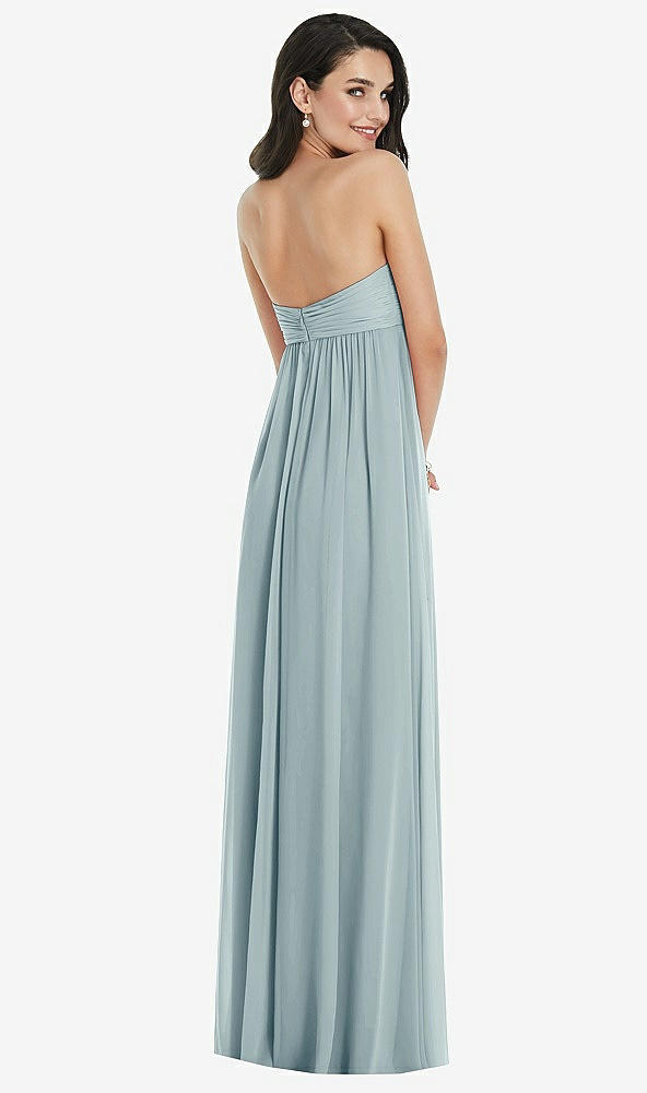 Back View - Morning Sky Twist Shirred Strapless Empire Waist Gown with Optional Straps