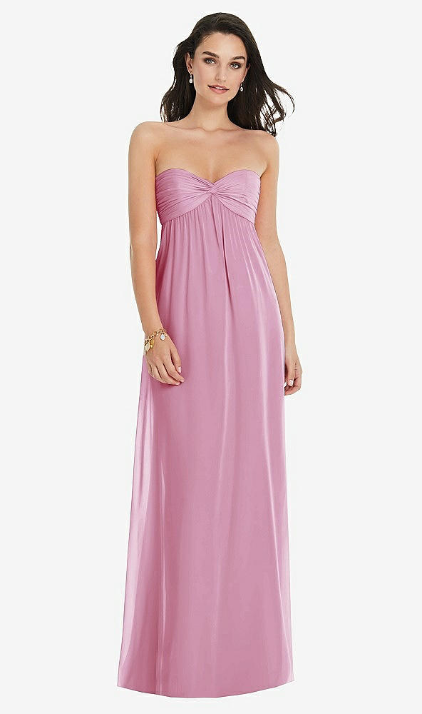 Front View - Powder Pink Twist Shirred Strapless Empire Waist Gown with Optional Straps