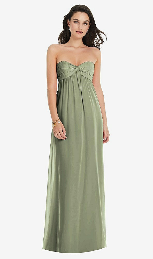 Front View - Sage Twist Shirred Strapless Empire Waist Gown with Optional Straps