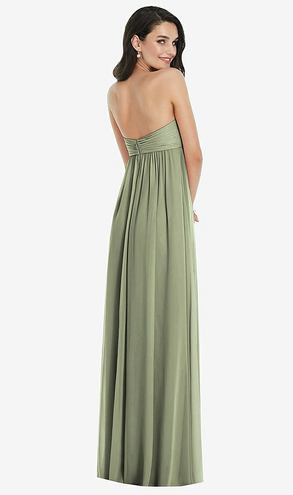 Back View - Sage Twist Shirred Strapless Empire Waist Gown with Optional Straps