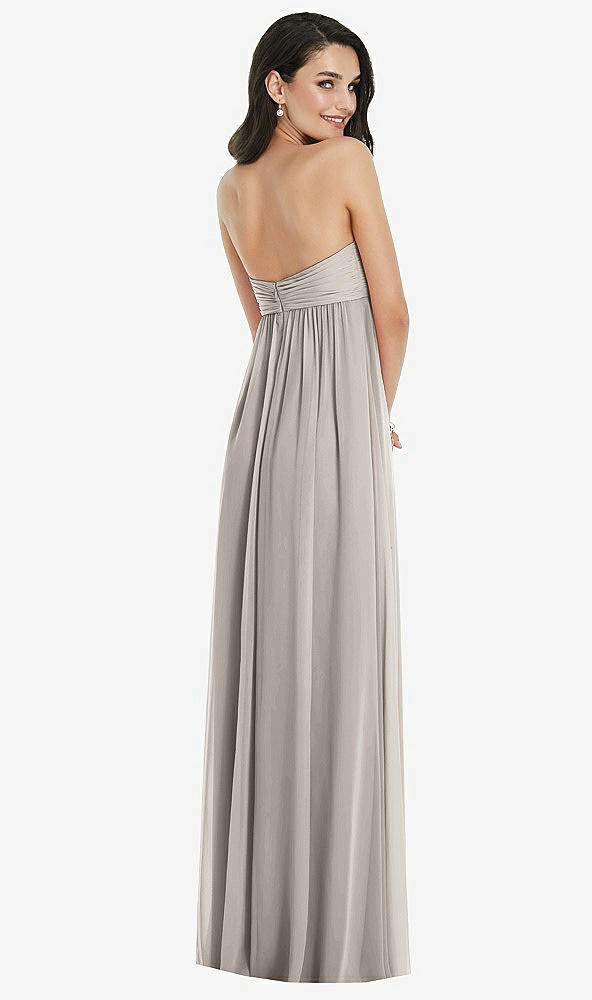 Back View - Taupe Twist Shirred Strapless Empire Waist Gown with Optional Straps