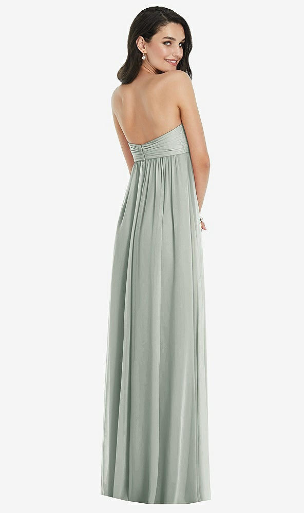 Back View - Willow Green Twist Shirred Strapless Empire Waist Gown with Optional Straps