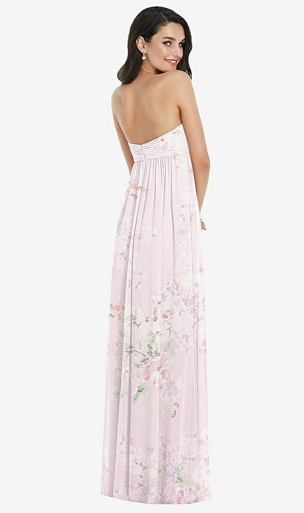 Back View - Watercolor Print Twist Shirred Strapless Empire Waist Gown with Optional Straps