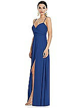 Side View Thumbnail - Classic Blue Adjustable Strap Wrap Bodice Maxi Dress with Front Slit 
