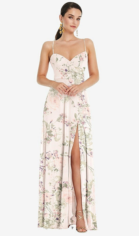 Front View - Blush Garden Adjustable Strap Wrap Bodice Maxi Dress with Front Slit 