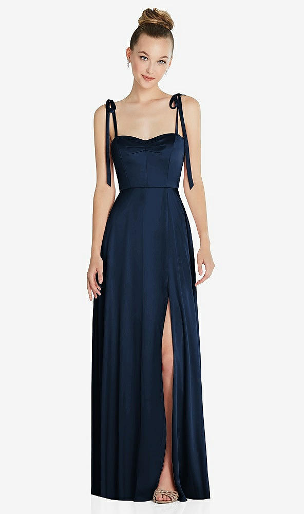 Front View - Midnight Navy Tie Shoulder A-Line Maxi Dress