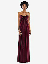 Front View Thumbnail - Cabernet Draped Satin Grecian Column Gown with Convertible Straps
