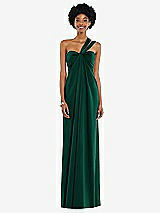 Alt View 7 Thumbnail - Hunter Green Draped Satin Grecian Column Gown with Convertible Straps