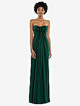 Front View Thumbnail - Hunter Green Draped Satin Grecian Column Gown with Convertible Straps