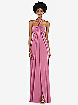 Alt View 4 Thumbnail - Orchid Pink Draped Satin Grecian Column Gown with Convertible Straps