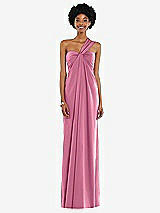 Alt View 7 Thumbnail - Orchid Pink Draped Satin Grecian Column Gown with Convertible Straps