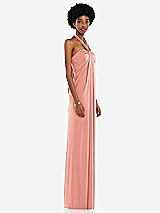 Side View Thumbnail - Rose - PANTONE Rose Quartz Draped Satin Grecian Column Gown with Convertible Straps