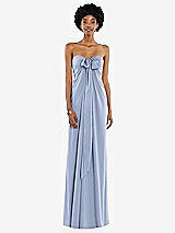 Front View Thumbnail - Sky Blue Draped Satin Grecian Column Gown with Convertible Straps