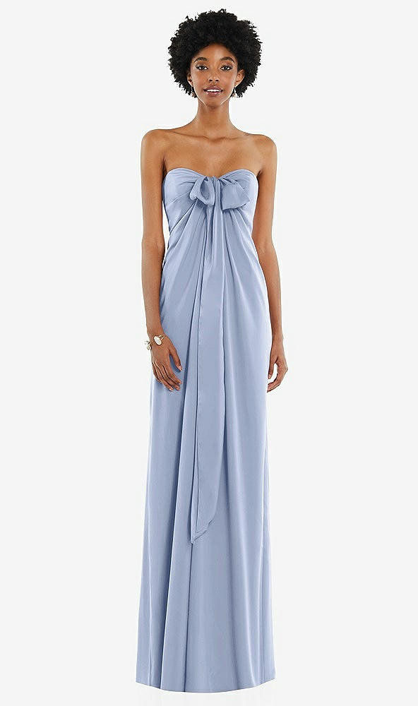 Front View - Sky Blue Draped Satin Grecian Column Gown with Convertible Straps