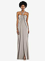 Alt View 4 Thumbnail - Taupe Draped Satin Grecian Column Gown with Convertible Straps