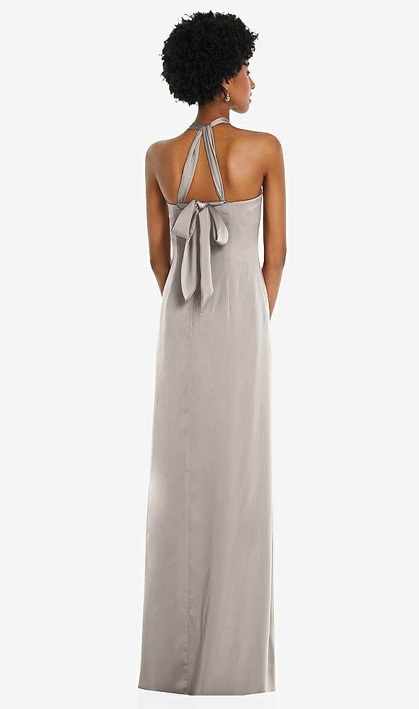 Back View - Taupe Draped Satin Grecian Column Gown with Convertible Straps