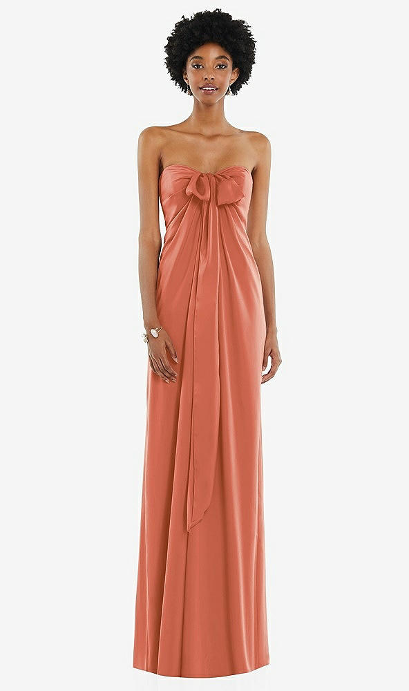 Front View - Terracotta Copper Draped Satin Grecian Column Gown with Convertible Straps