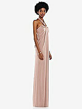 Side View Thumbnail - Toasted Sugar Draped Satin Grecian Column Gown with Convertible Straps