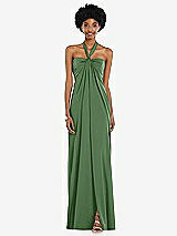 Alt View 4 Thumbnail - Vineyard Green Draped Satin Grecian Column Gown with Convertible Straps