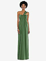 Alt View 7 Thumbnail - Vineyard Green Draped Satin Grecian Column Gown with Convertible Straps