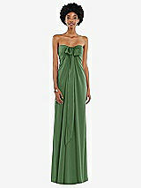 Front View Thumbnail - Vineyard Green Draped Satin Grecian Column Gown with Convertible Straps