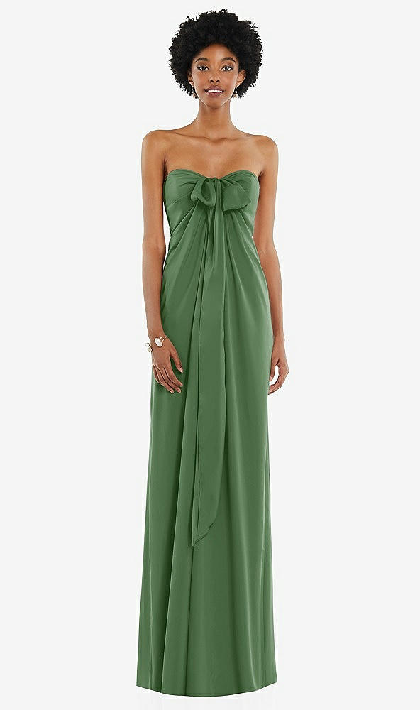 Front View - Vineyard Green Draped Satin Grecian Column Gown with Convertible Straps
